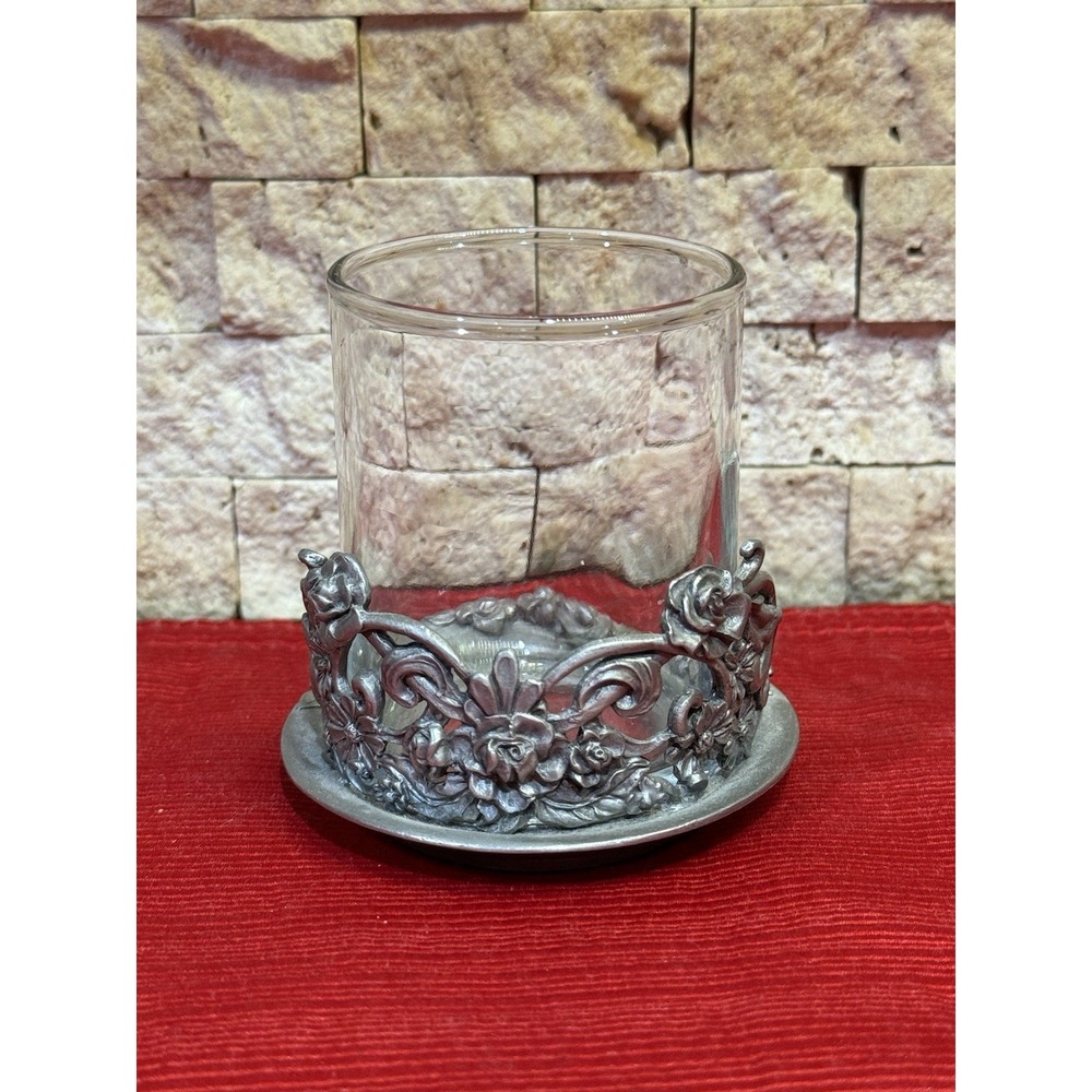 Vtg Rawcliffe Fine Pewter Floral Style 2" Votive Sleeve Candle Holder‎ W/ Glass